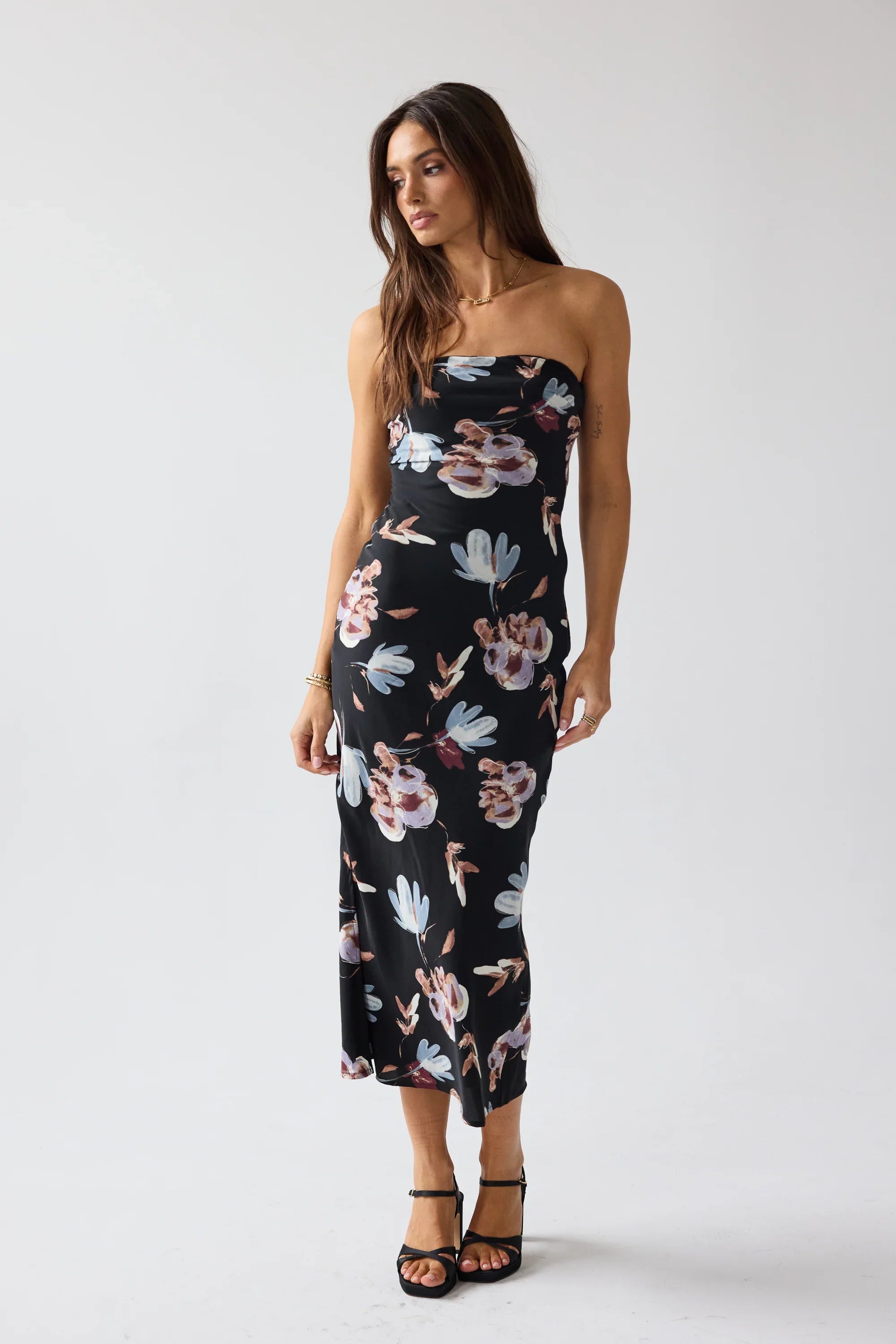 Kendall Strapless Midi Dress in Black