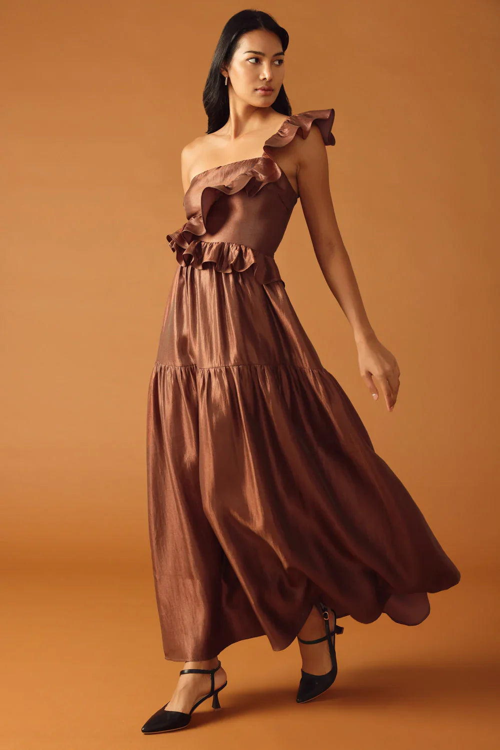 FIND THE ANSWER BROWN SATIN ONE SHOULDER MAXI DRESS