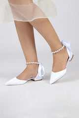 Pearl Ribbon Pointed Toe Ankle Strap Kitten Heels