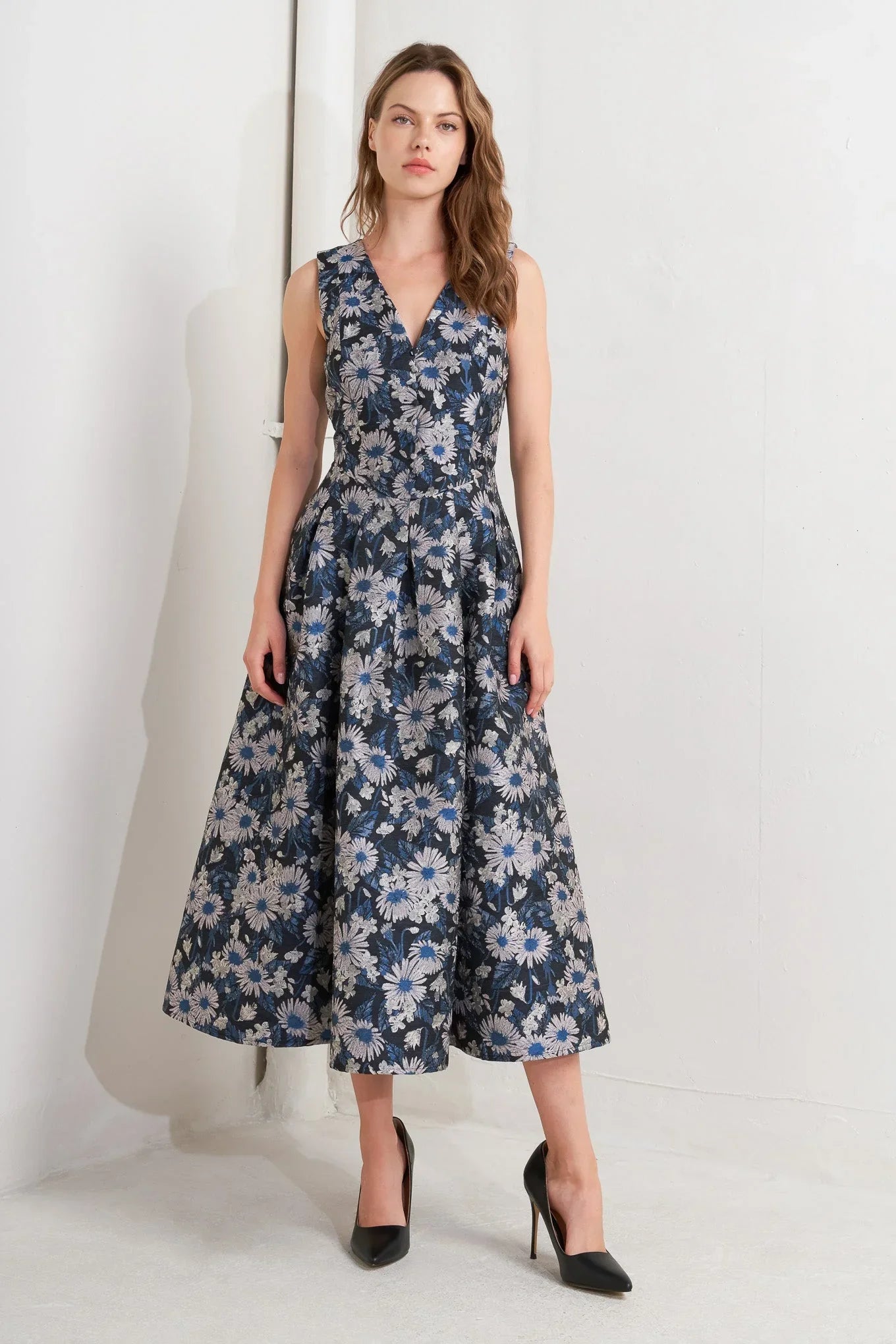 NAVY FLORAL JACQUARD MIDI DRESS WITH POCKETS