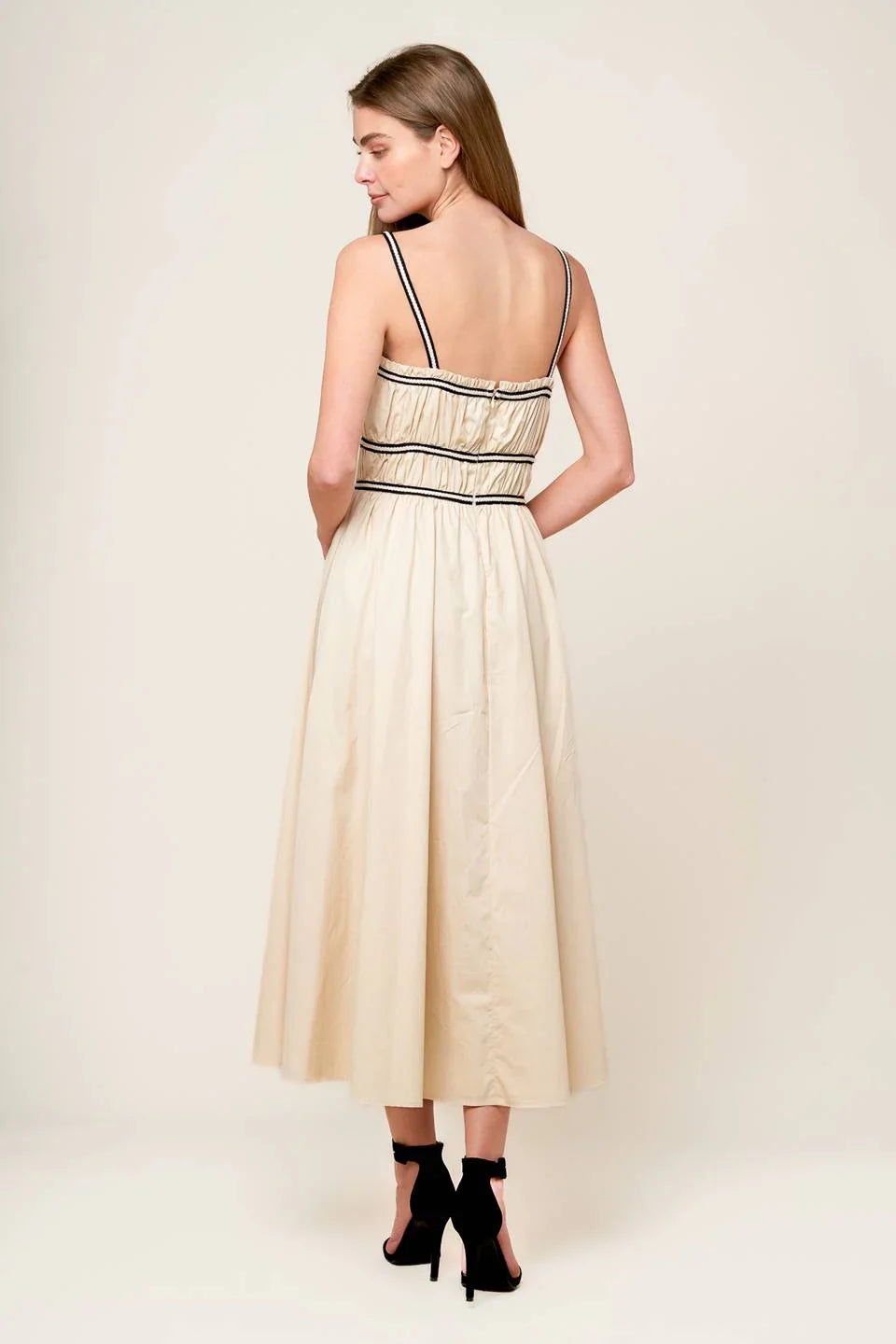 TERRIFIC TIMING BLACK TRIM IVORY MIDI DRESS
