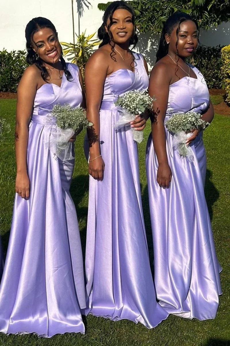 One Shoulder Lavender Sheath Long Bridesmaid Dress