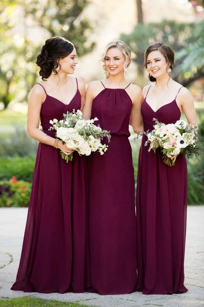 Mix A Line Chiffon Sleeveless Burgundy Straps Long Bridesmaid Dresses