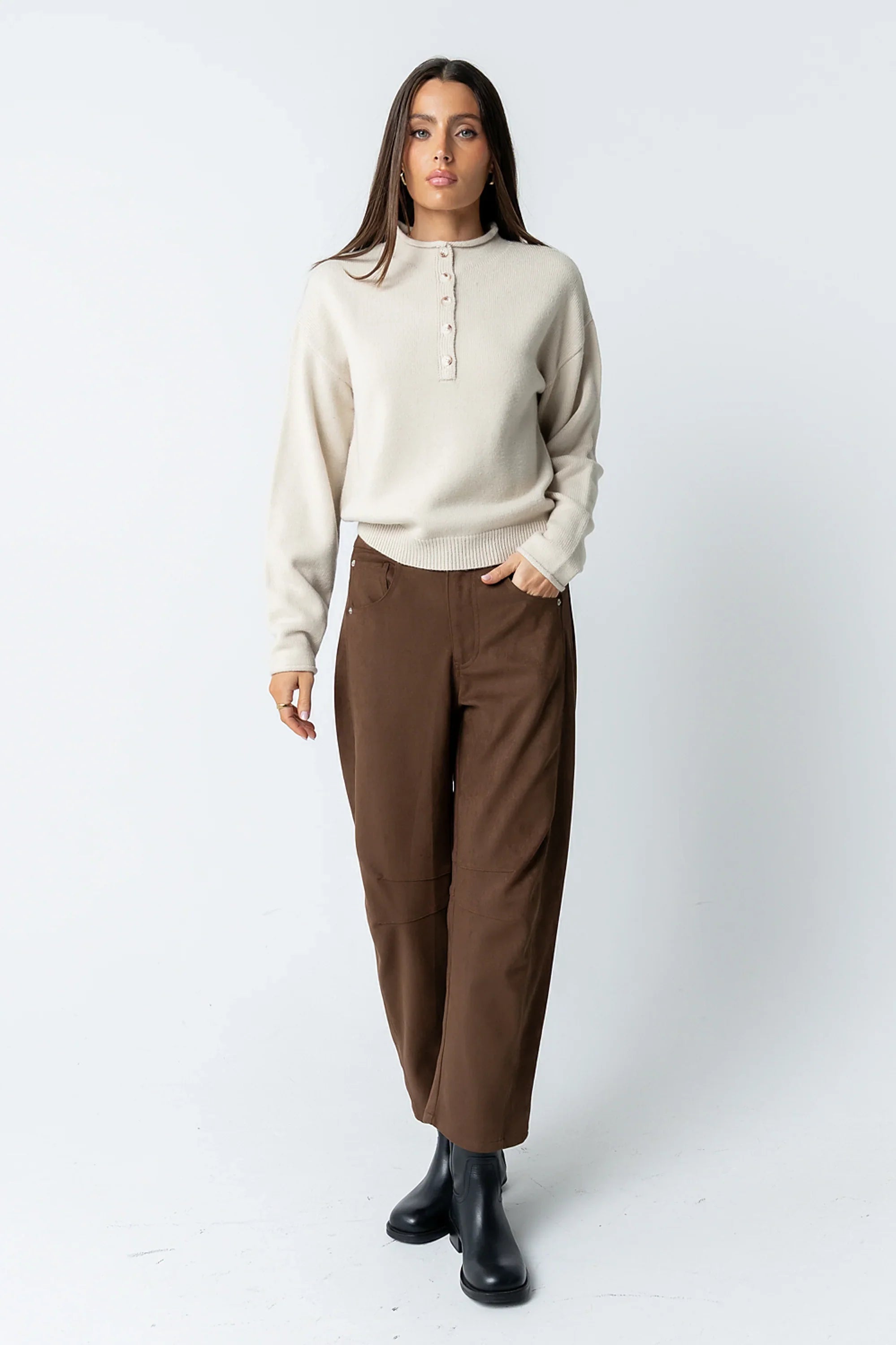 Meli Button Front Knit Sweater in Natural