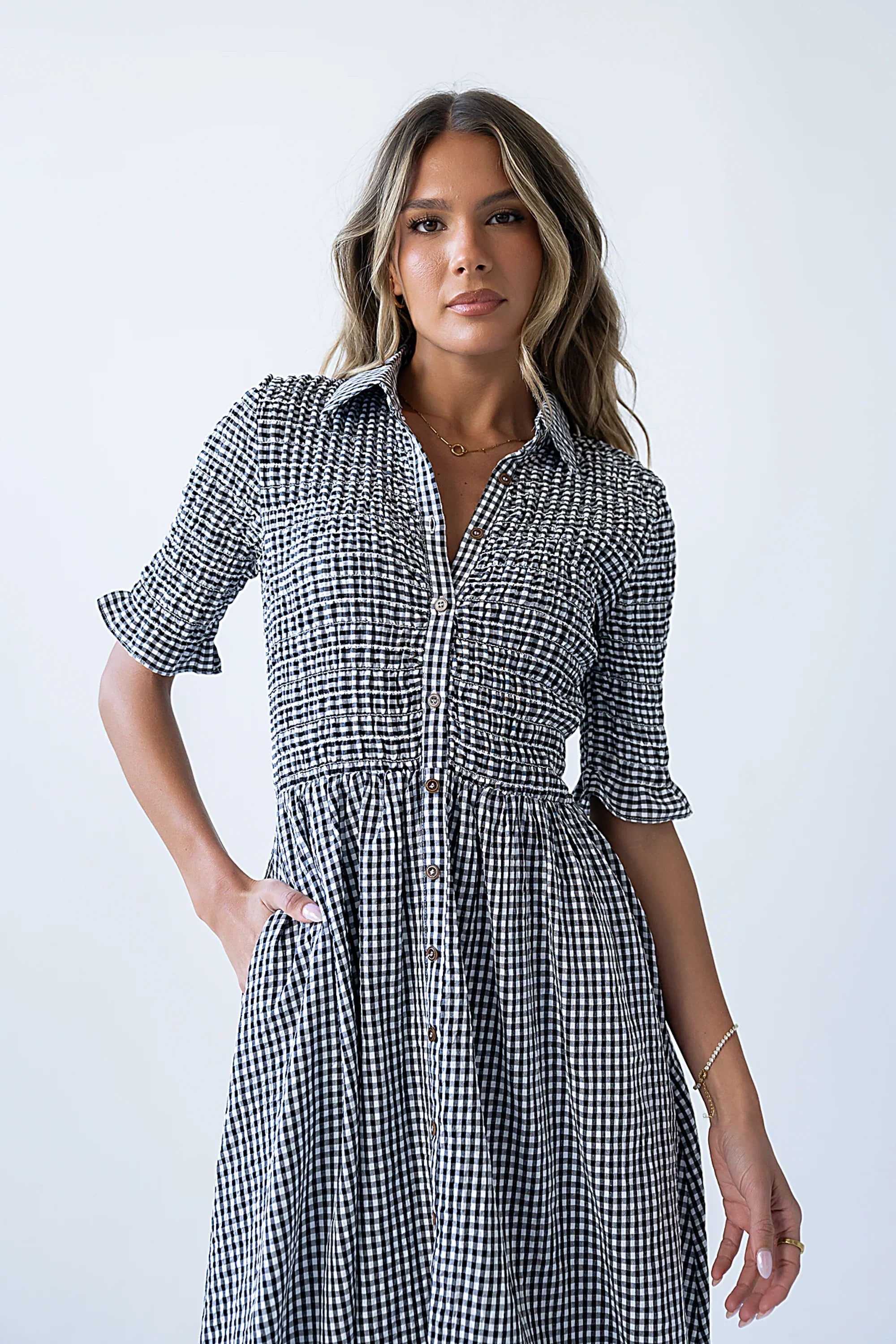 Jonas Gingham Midi Dress in Black
