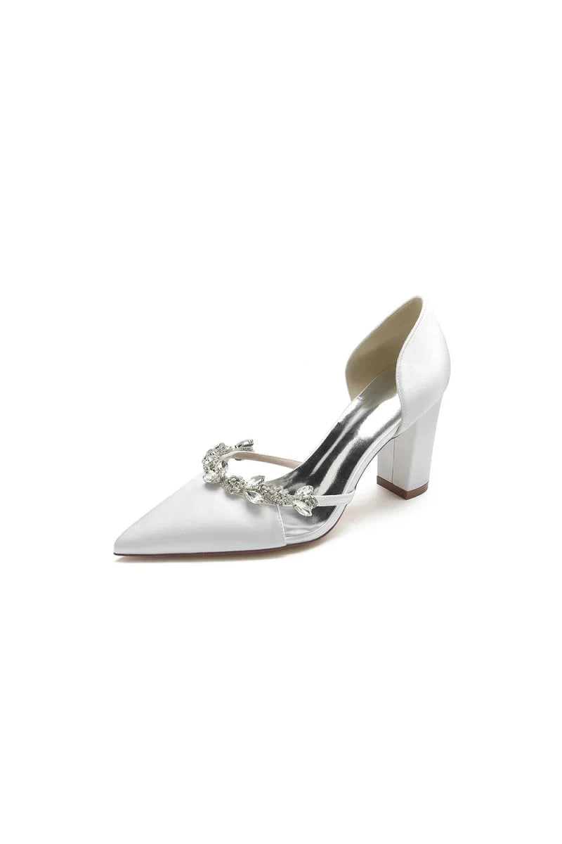 Crystal Strap Pointed Toe Block Heel Sandals