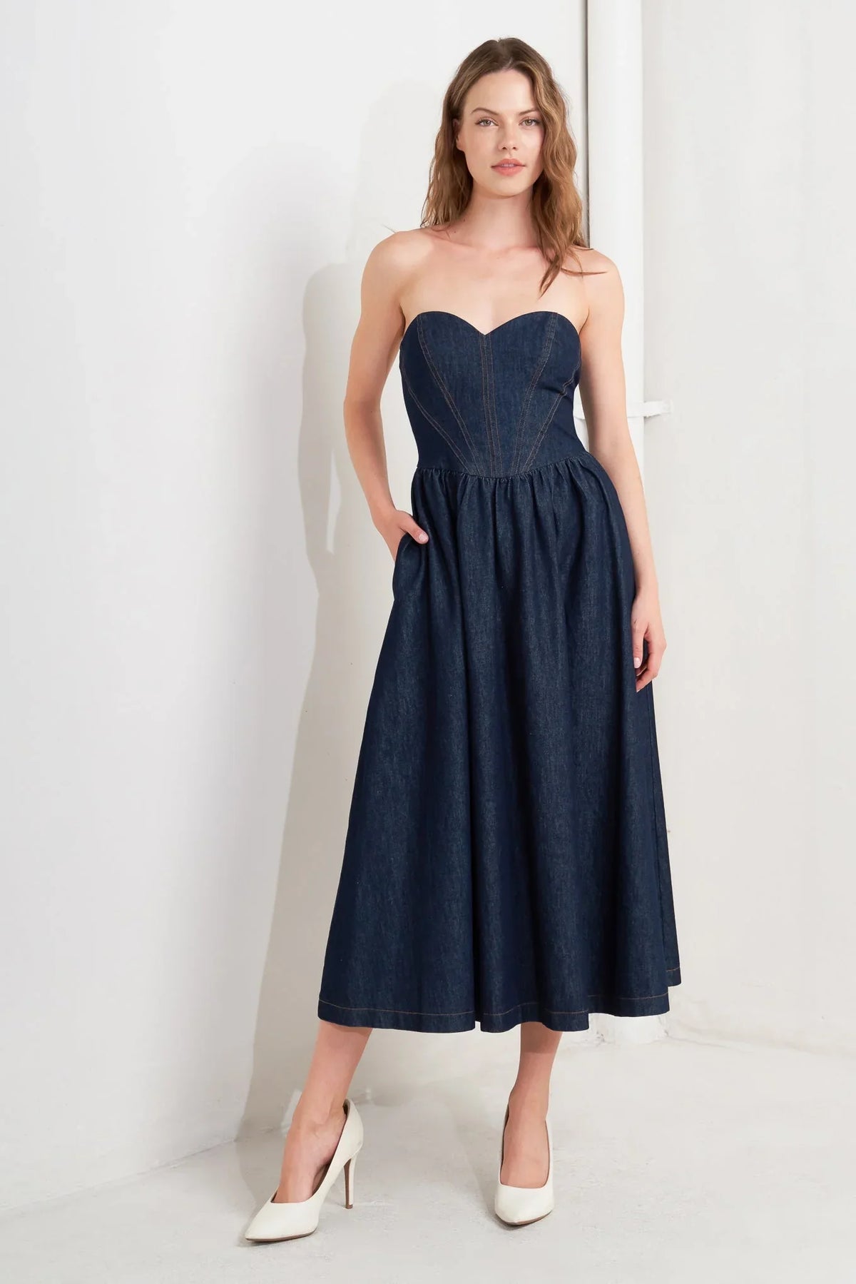 VINTAGE SIREN DARK DENIM MIDI DRESS