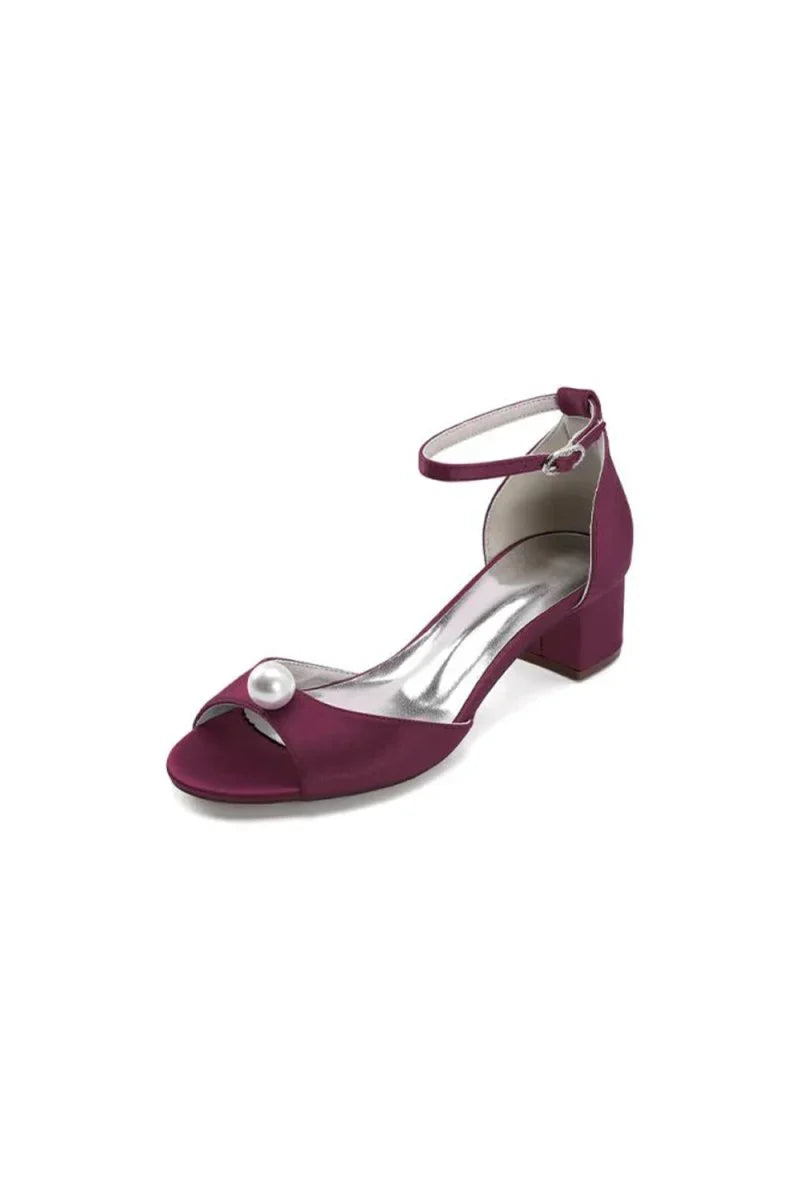Satin Low Heel Sandals with Pearl Accent and Ankle Strap