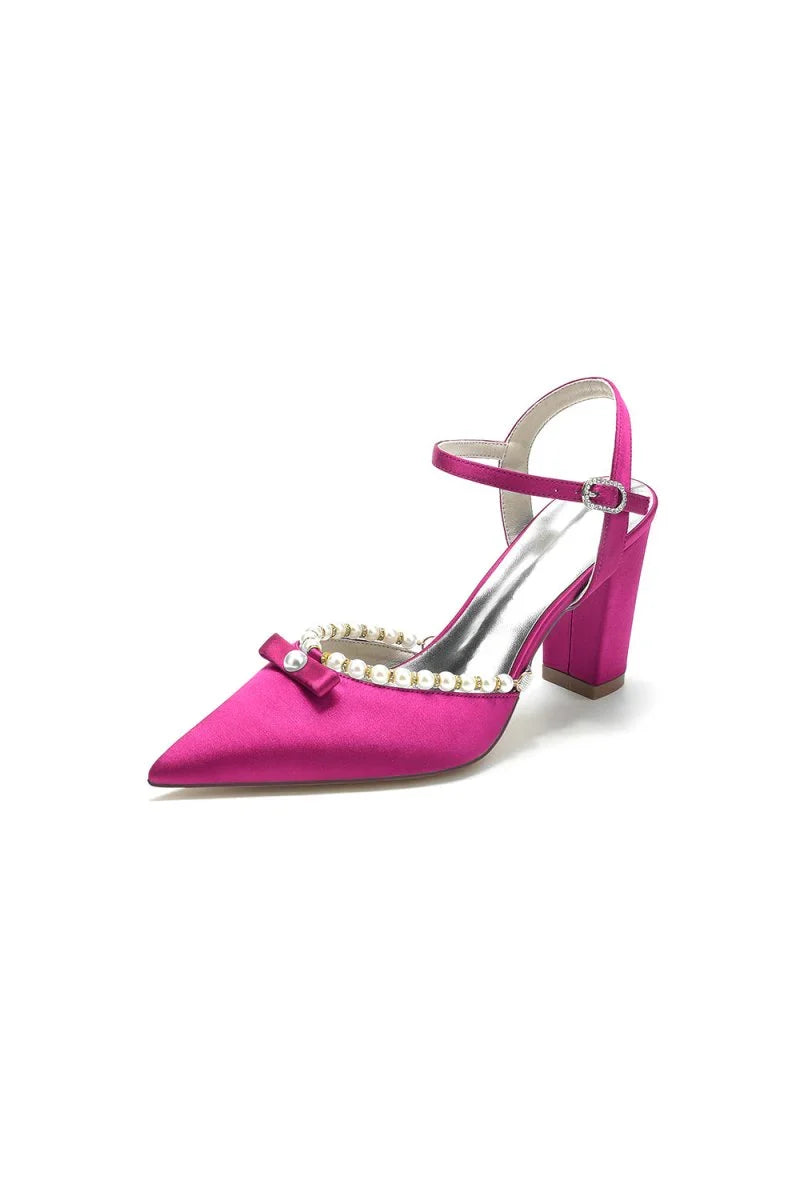 Pearl Pointed Toe Ankle Strap Chunky Heels With Bow