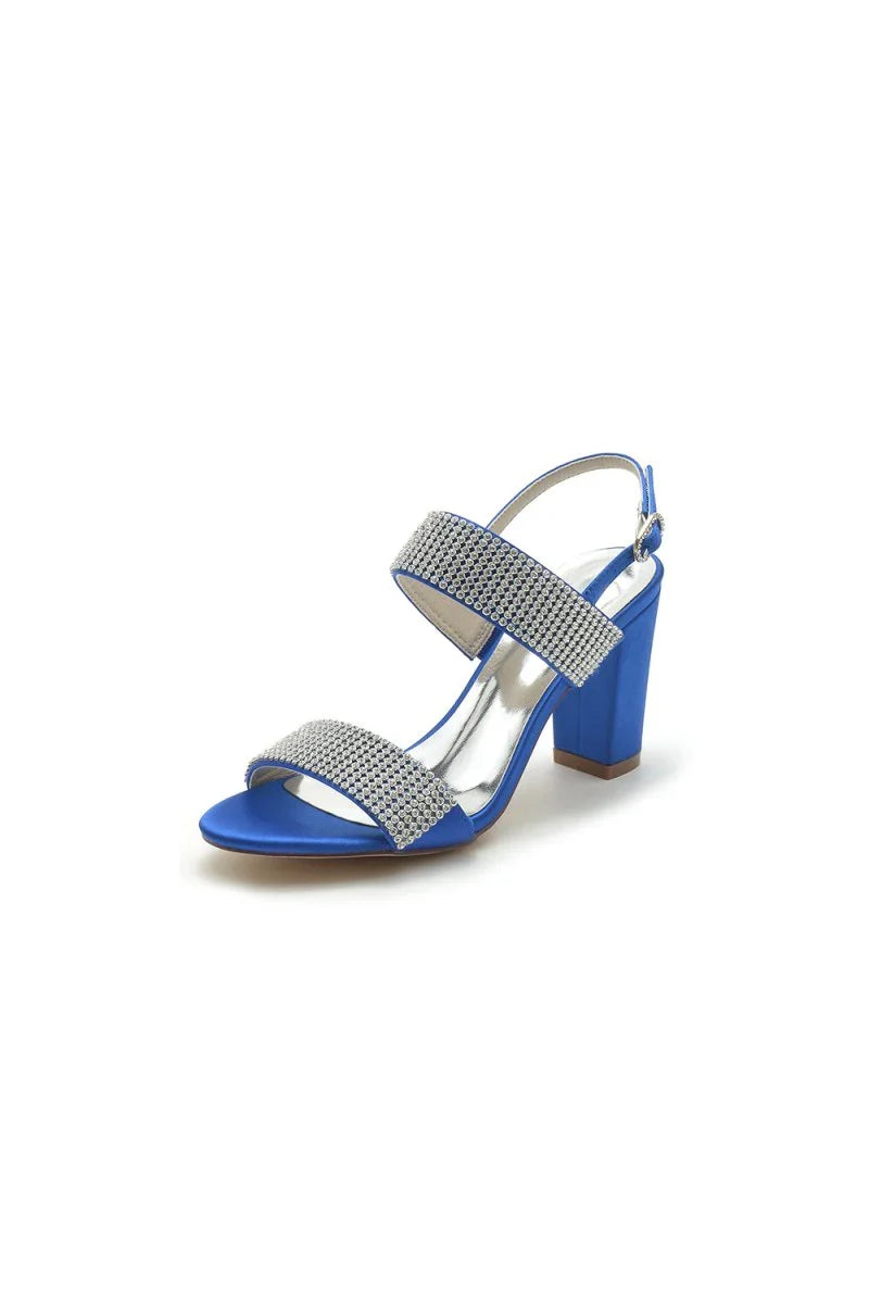 Open Toe Beaded Buckle Satin Chunky Heels