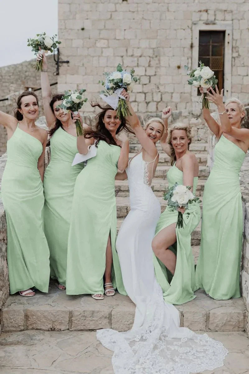 Sheath One Shoulder Light Blue Chiffon Slit Bridesmaid Dress