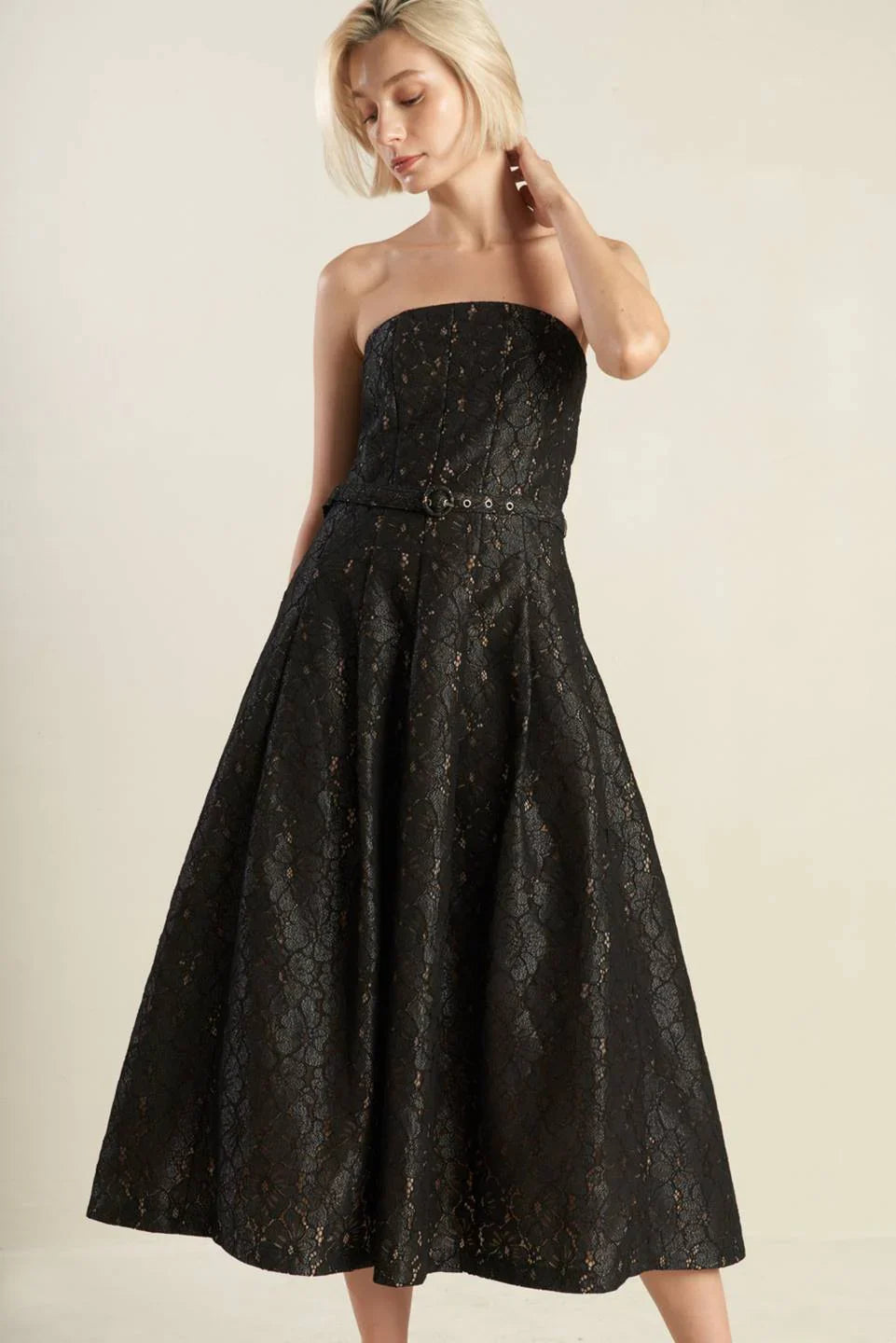 THE TRUTH IS STRAPLESS BLACK LACE MIDI DRESS