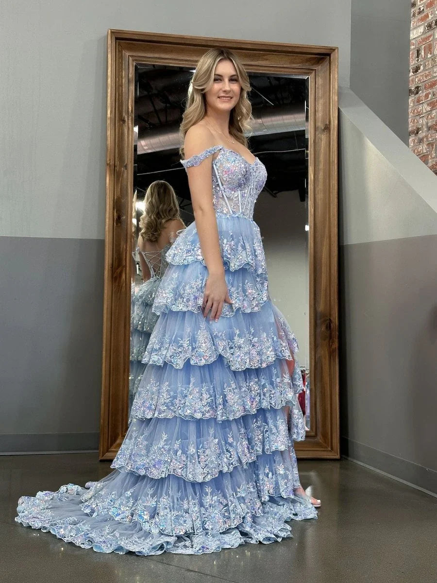 Blue Crystal Sequins Princess A Line Off the Shoulder Prom Dress with Lace Ruffles