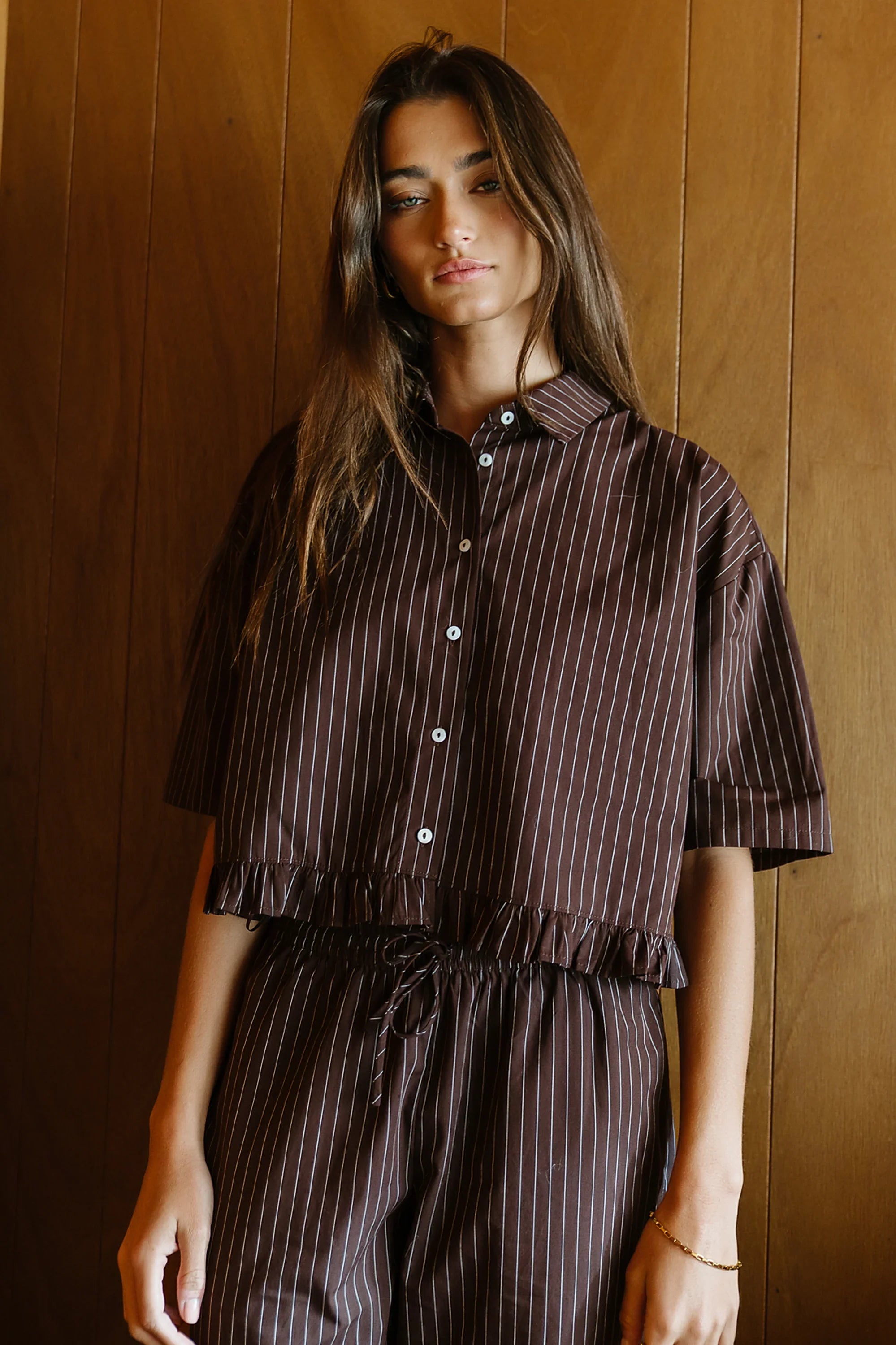Melody Pinstripe Blouse in Dark Brown