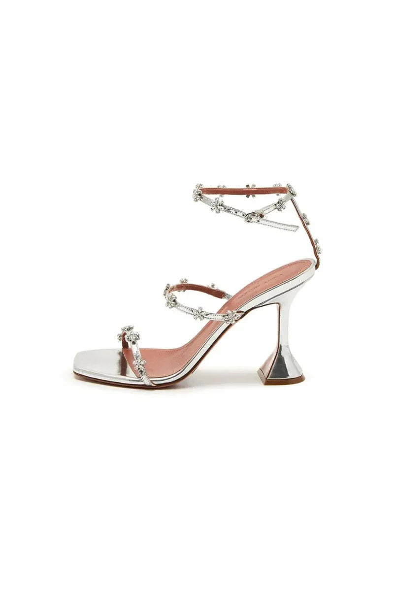 Black Ankle Straps Open Toe Chunky Heels with Flower Rhinestones