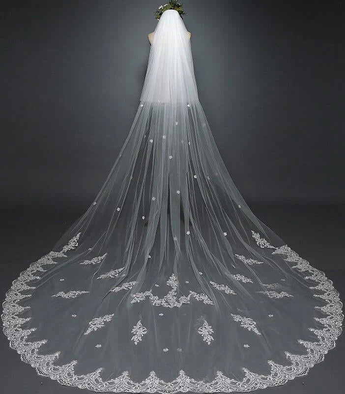 White Cathedral Veil with Blusher Lace Applique Long Wedding Veil