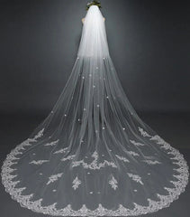 White Cathedral Veil with Blusher Lace Applique Long Wedding Veil