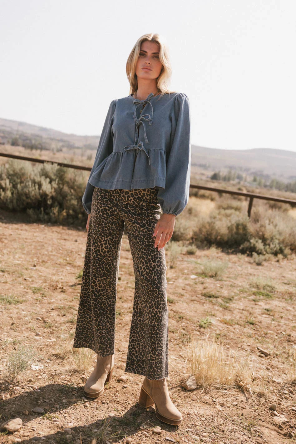 Maggie Peplum Tie Blouse in Medium Wash