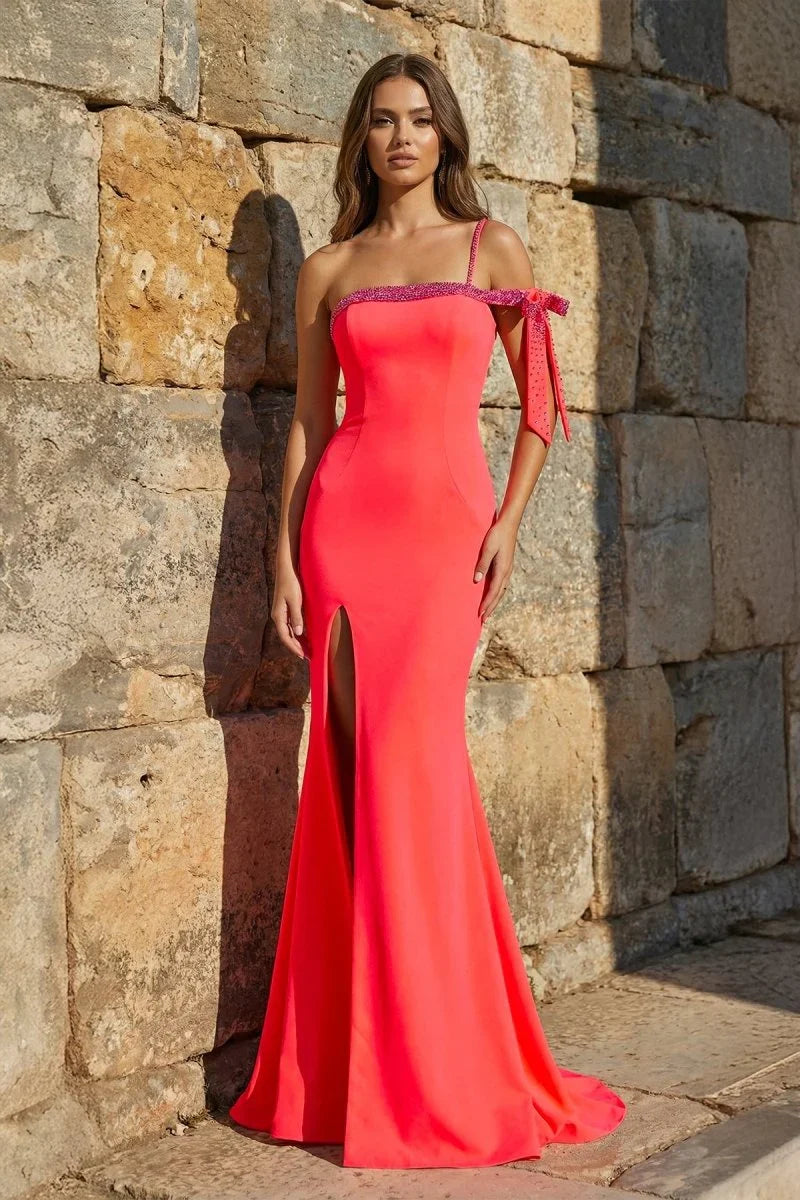 Coral Mermaid One Shoulder Beaded Long Prom Dress with Slit