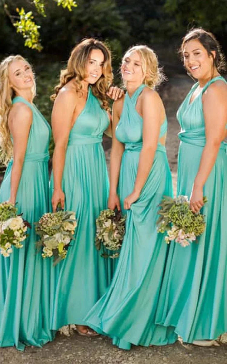 A Line Halter Neck Jersey Bridesmaid Dress With Half Sleeves And Straps Back
