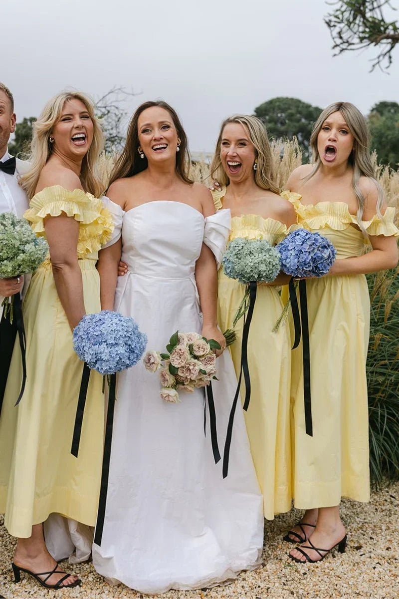Yellow Off the Shoulder Ruffle Cotton Ankle Length Bridesmaid Dresses