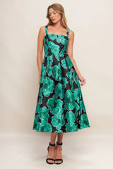 ROYAL BAROQUE GREEN FLORAL PRINT SATIN MIDI DRESS