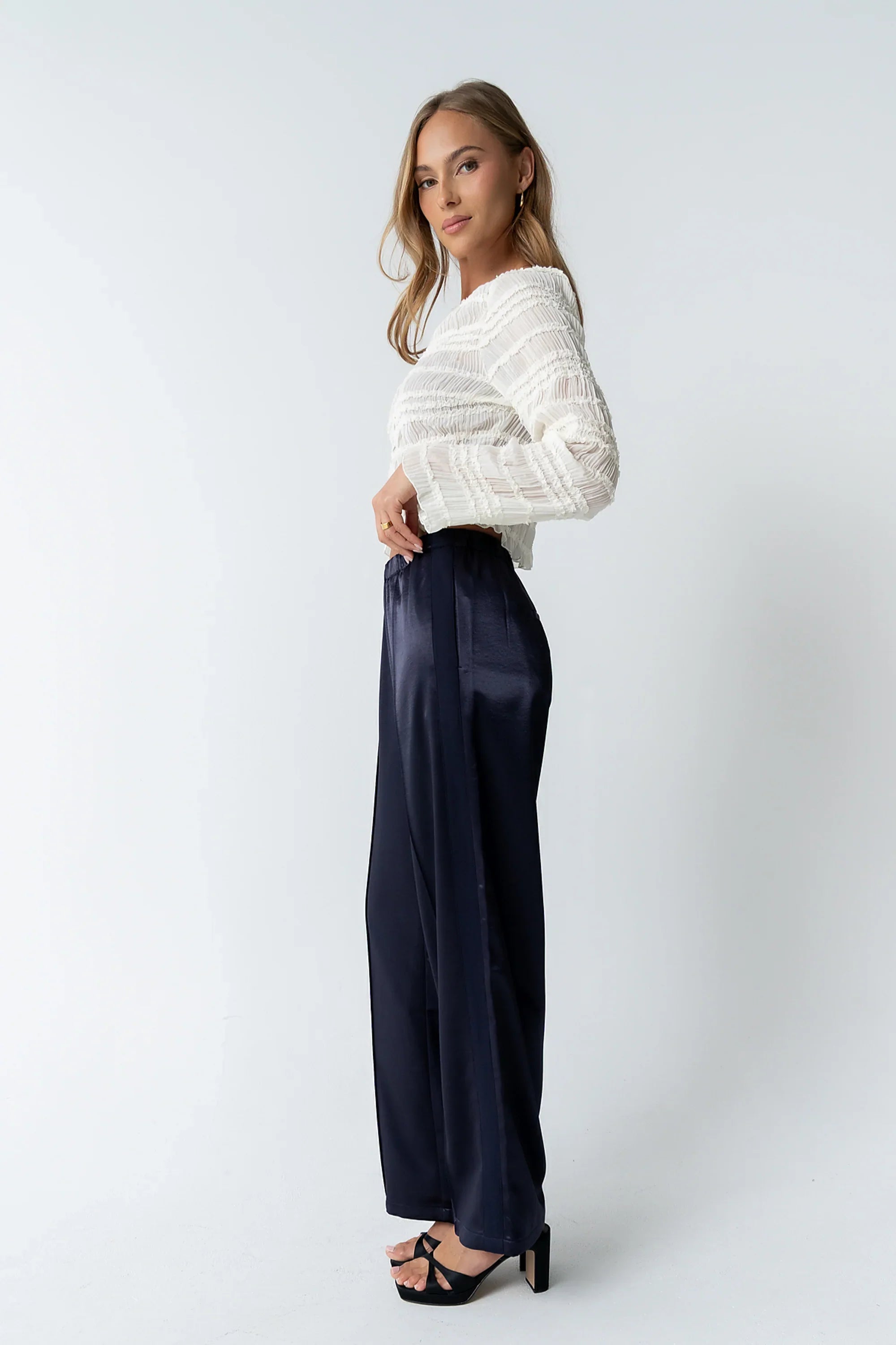 Gemma Satin Wide Leg Pants in Navy