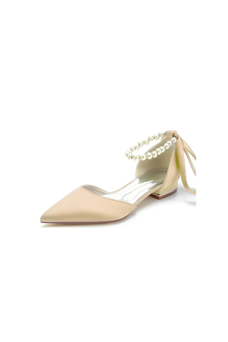 Pearl Ribbon Pointed Toe Ankle Strap Kitten Heels
