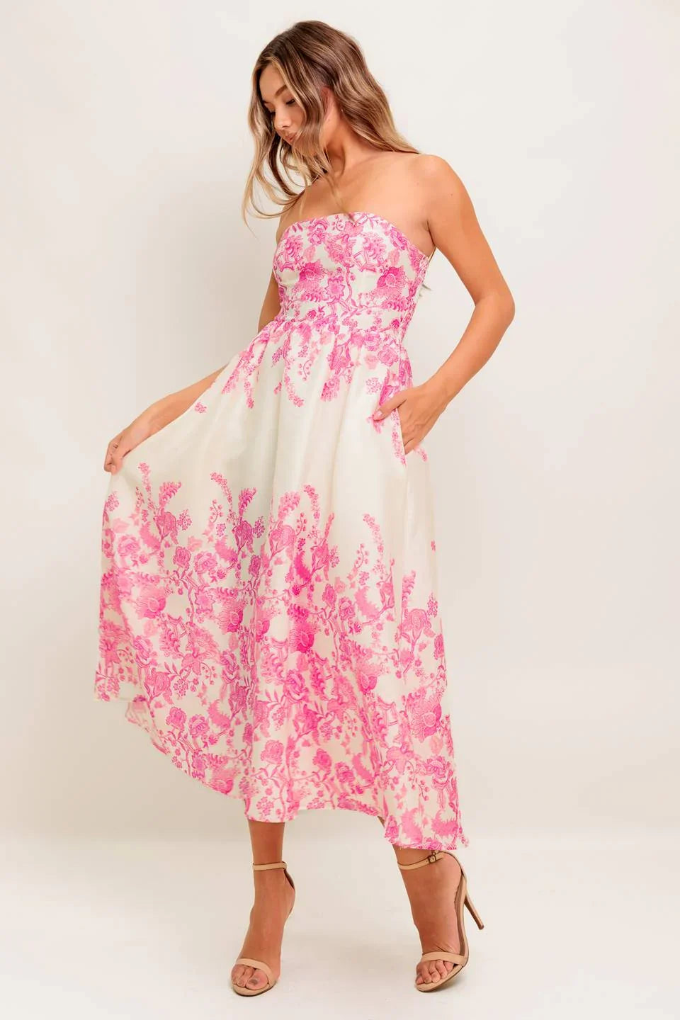 COCO PINK FLORAL STRAPLESS COCKTAIL DRESS