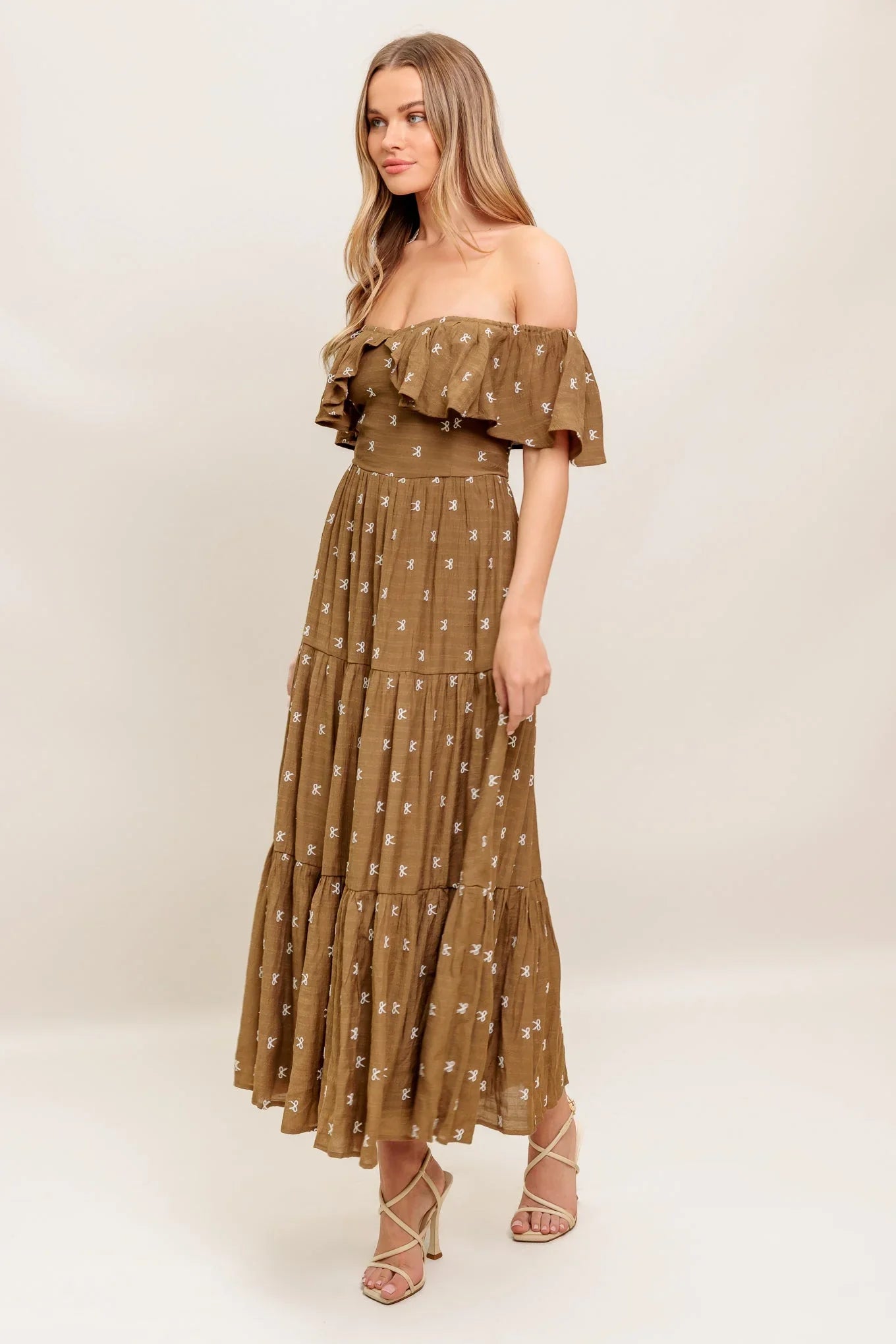 BELLE AMOUR OFF SHOULDER BROWN MIDI DRESS