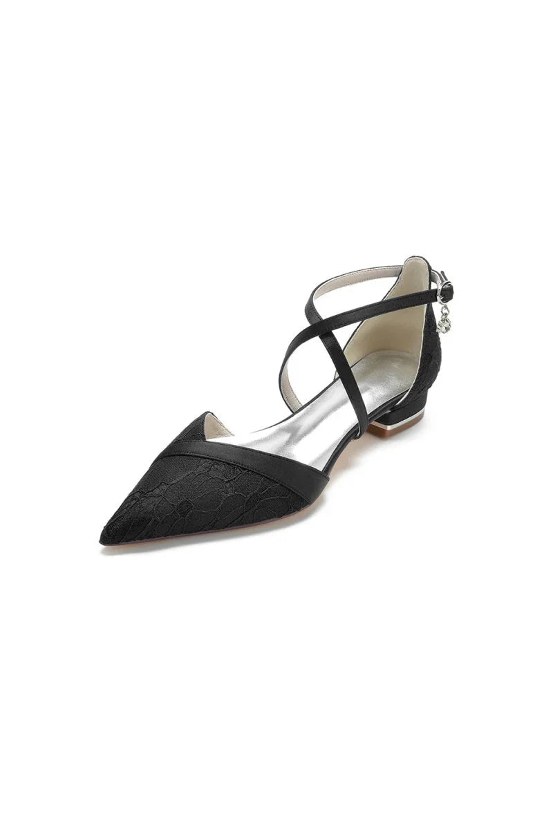 Pointed Toe Lace Ankle Strap Kitten Heels
