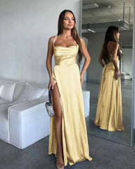 A Line Cowl Neck Blue Silk Satin Bridesmaid Dresses with Slit