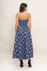 BLUE RENAISSANCE STRAPLESS MIDI DRESS