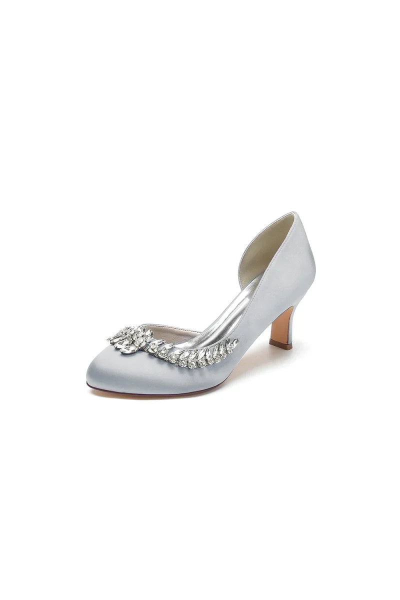 Round Toe Crystal Leaf Chunky Heels