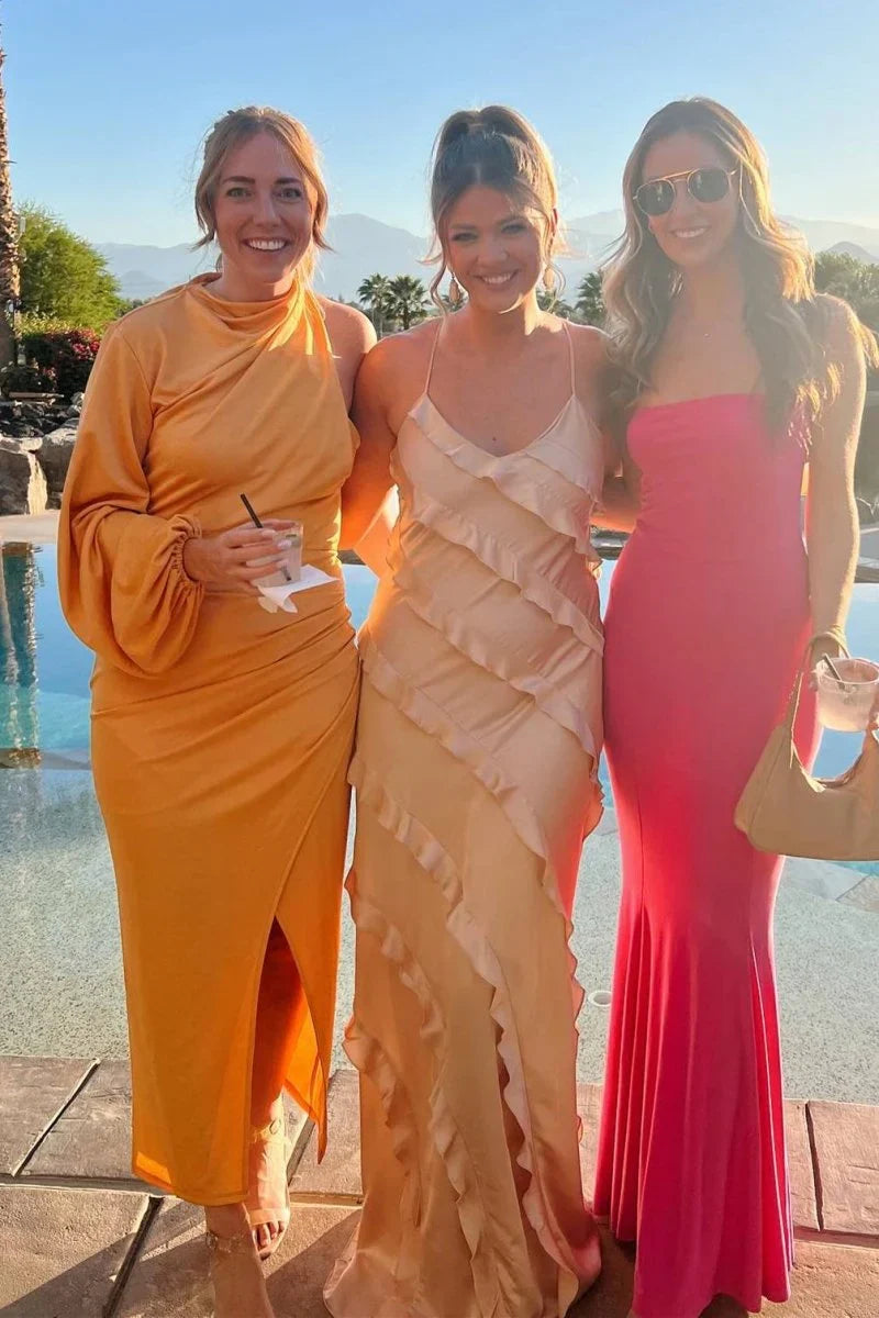 Straps Sheath Champagne Ruffle Maxi Bridesmaid Dress