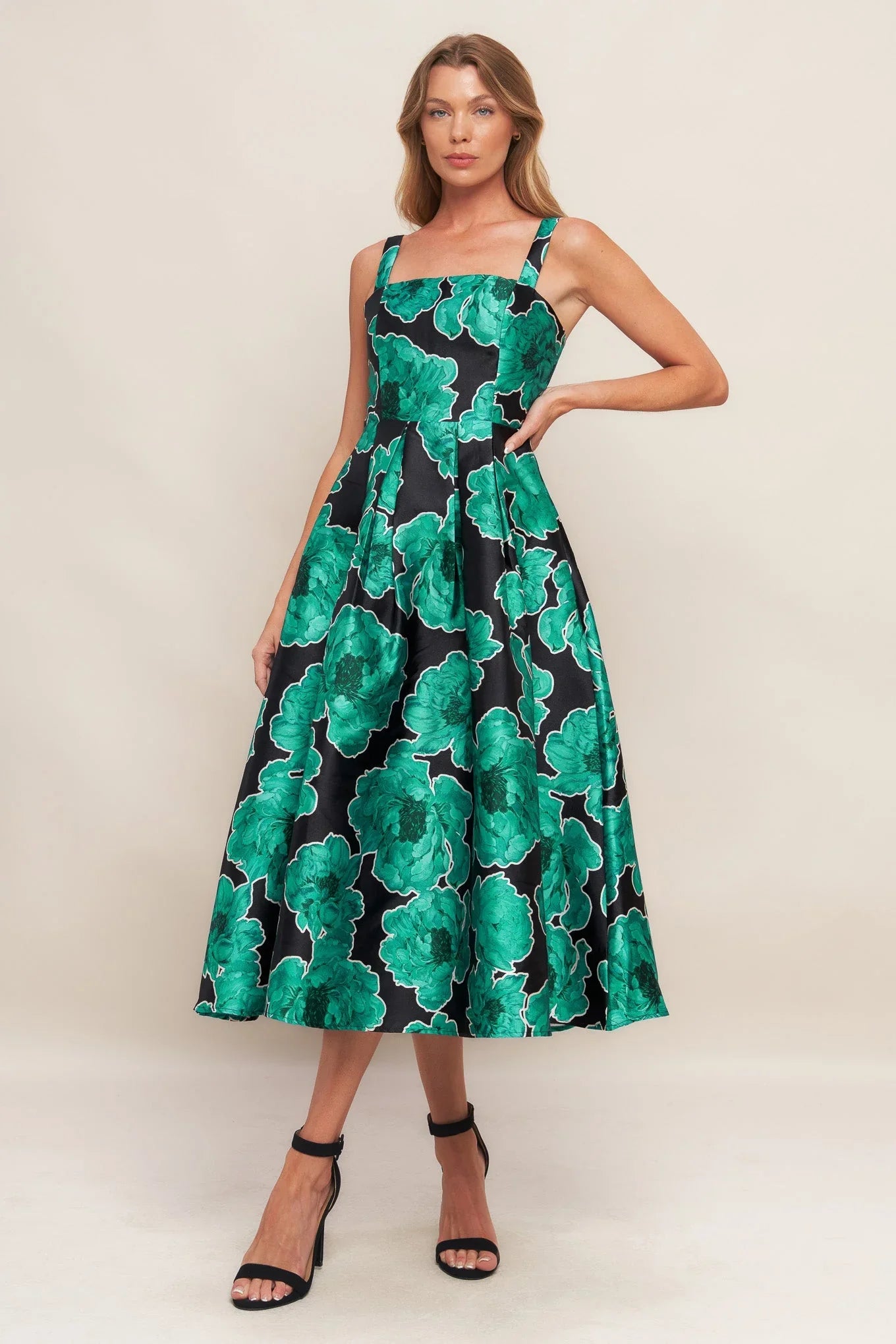 ROYAL BAROQUE GREEN FLORAL PRINT SATIN MIDI DRESS