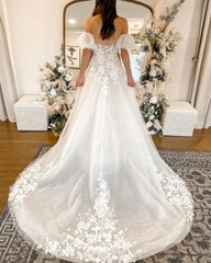 Cute A Line Sweetheart Tulle Wedding Dresses with Lace