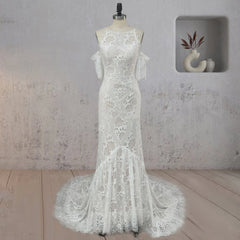 Mermaid White Halter Neck Lace Wedding Dress