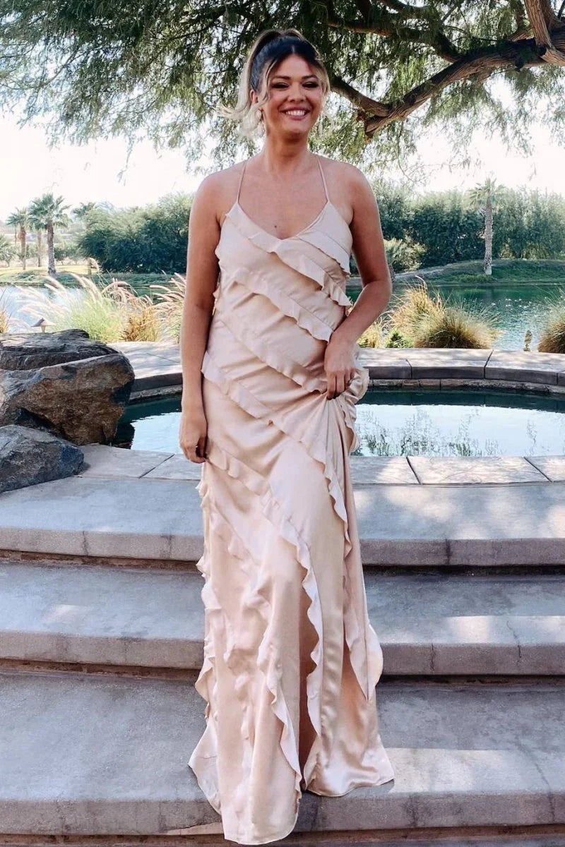 Straps Sheath Champagne Ruffle Maxi Bridesmaid Dress