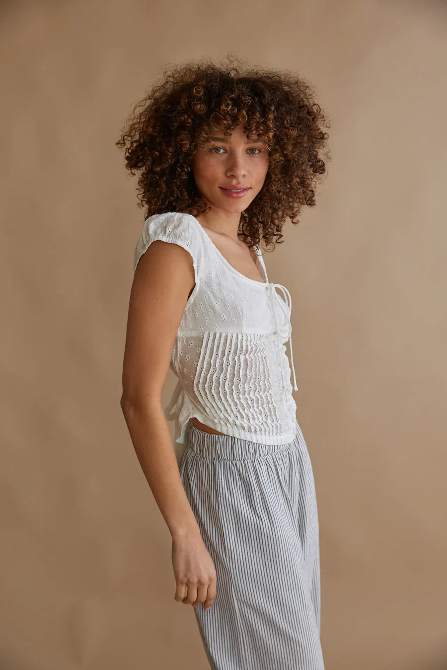 Fern Pleated Eyelet Button Up Blouse