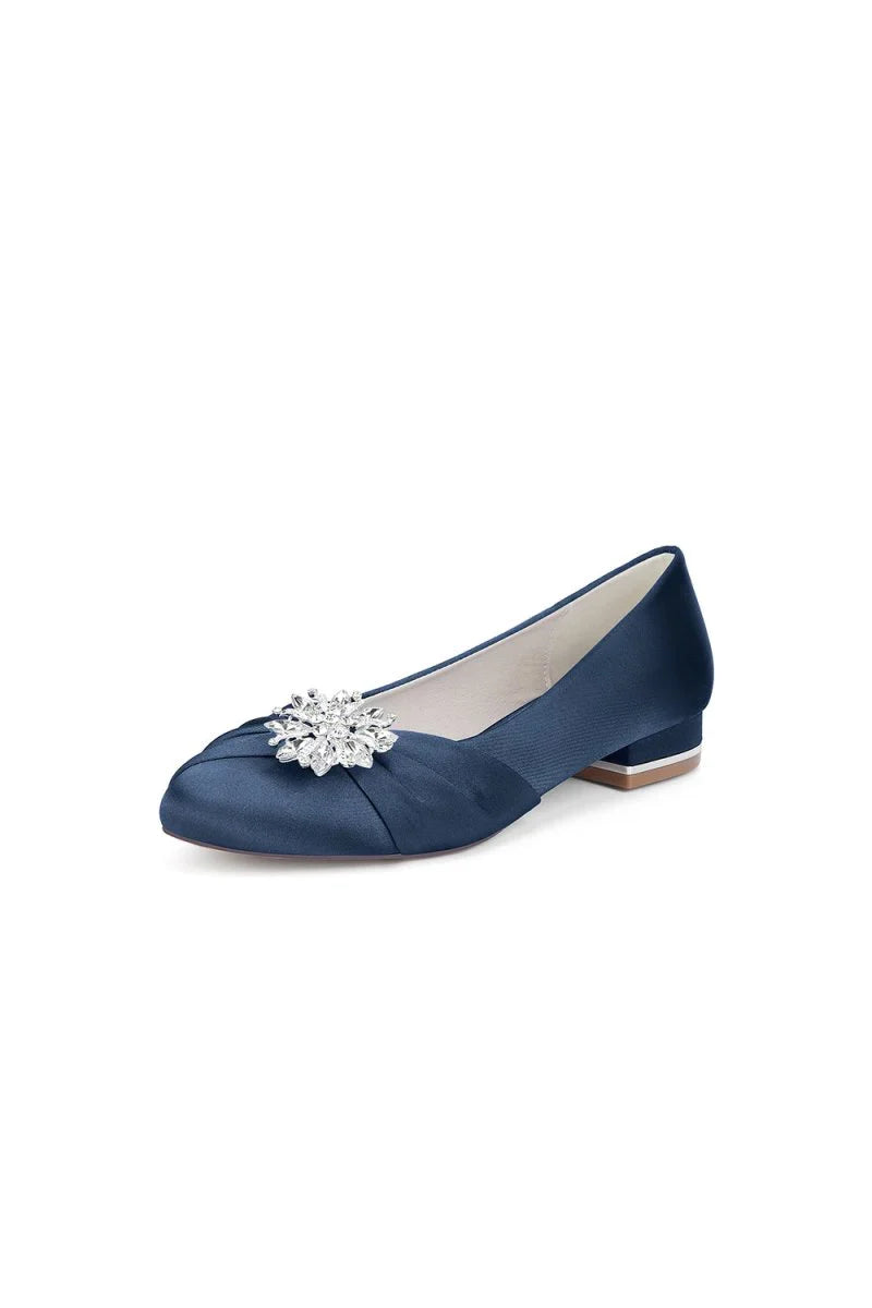 Navy Blue Flat Shoes with Crystal Flower Decoration