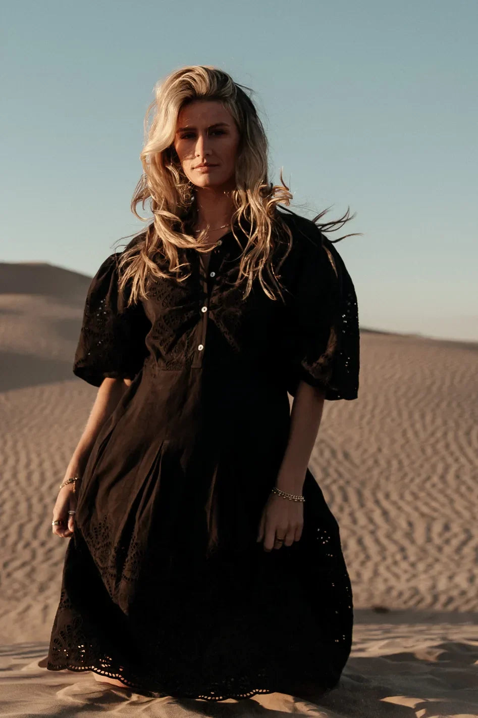 Eleanor Eyelet Lace Midi Dress in Black