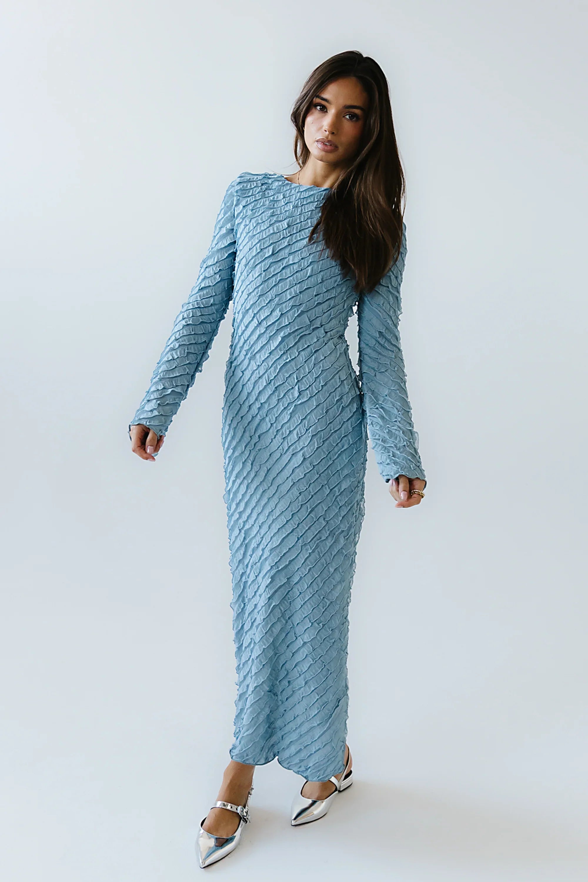 Bell Ruffle Maxi Dress in Blue