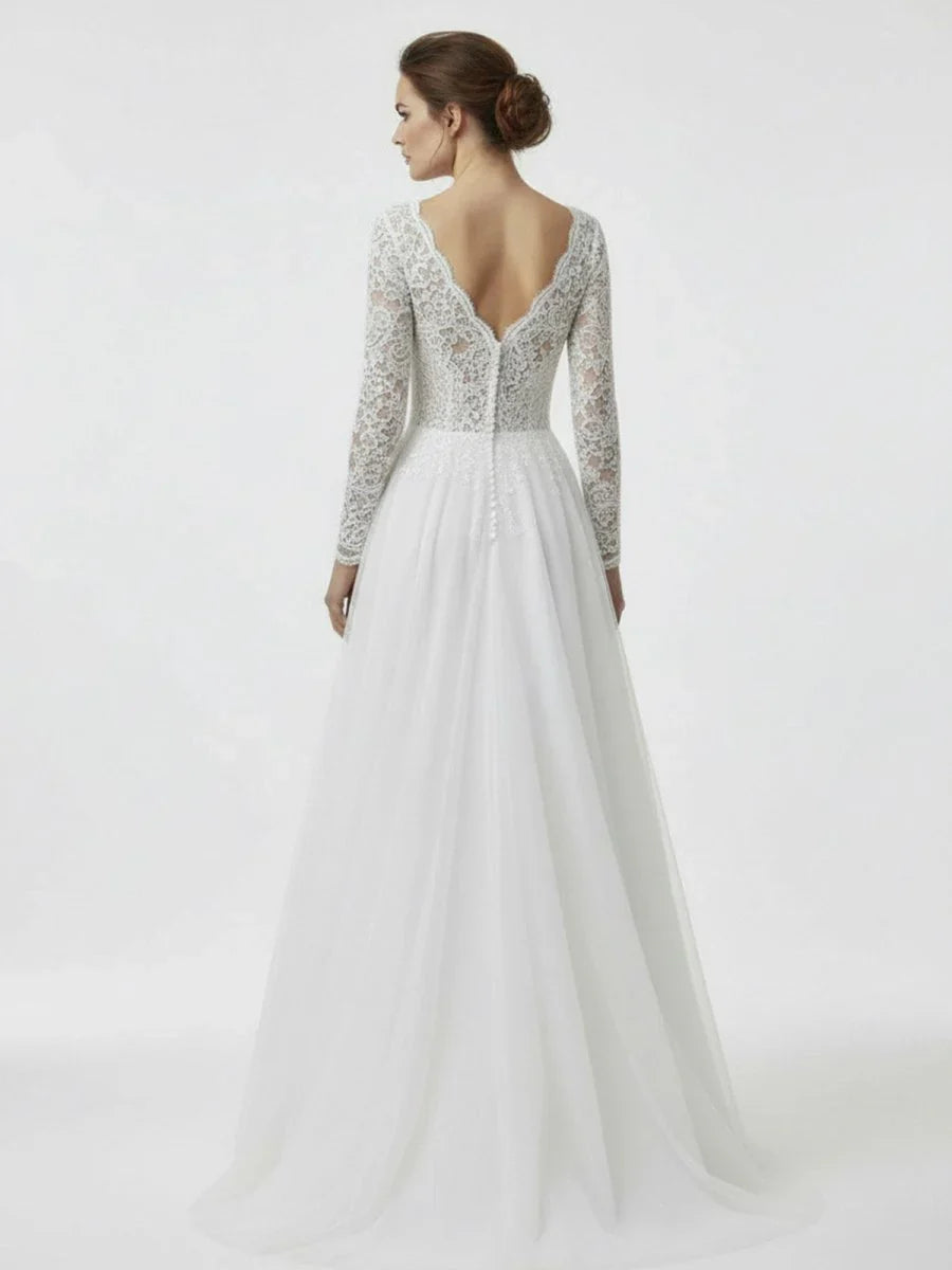 Bohemian Long Sleeves Lace Button Back A Line Modest Wedding Dresses