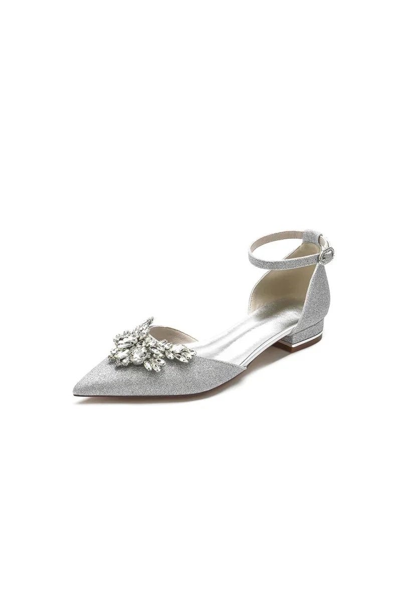 Stretch Glitter With Ankle Strap Rhinestone Pointed Toe Flat Heel Party Shoes