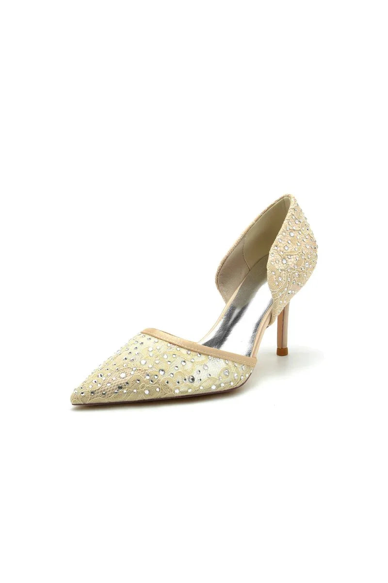 Pointed Toe Beaded Lace Wedding Stiletto Heels