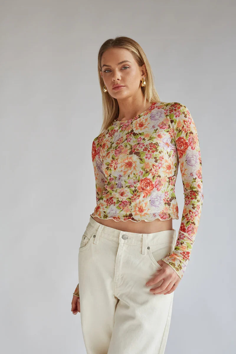 Summer Floral Mesh Long Sleeve Top