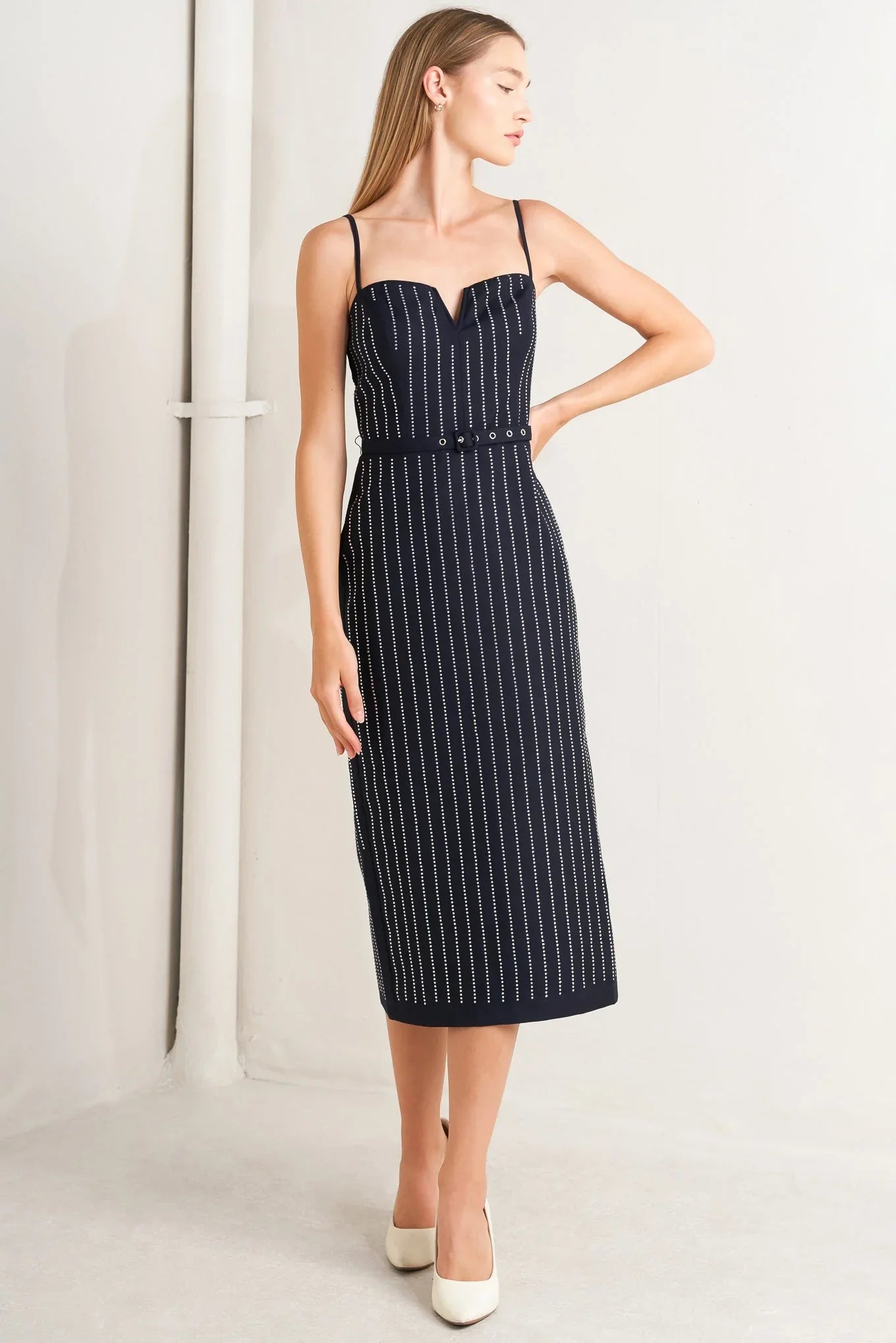 VERTICAL MICRO CRYSTAL NAVY MIDI DRESS