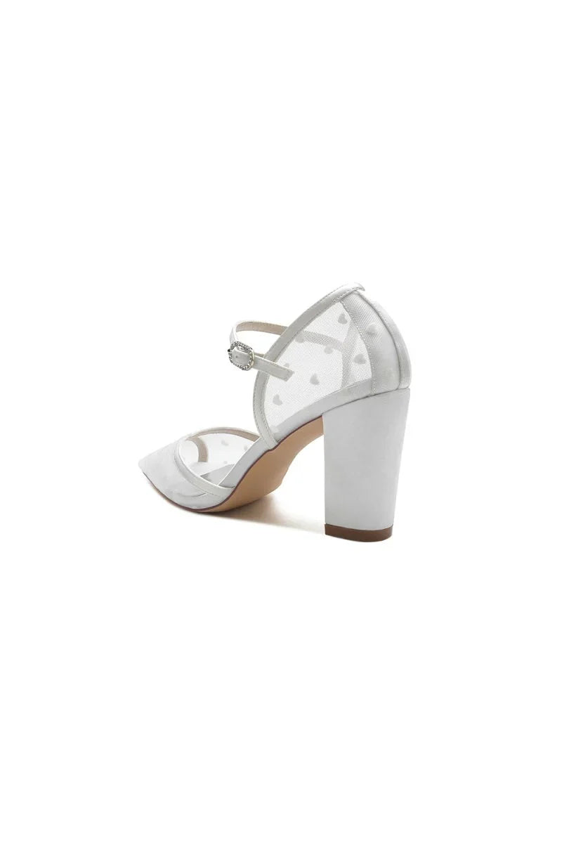 Pointed Toe Mesh Strap Buckle Chunky Heels