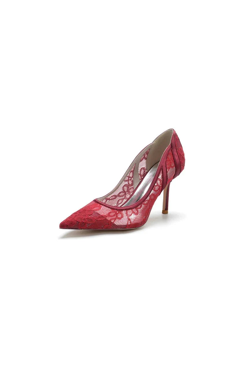 Pointed Toe Bridal Heels with Lace Appliques